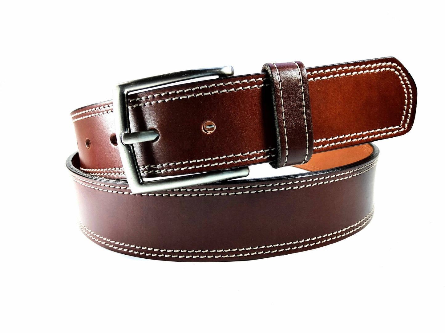 The Creaciones Corpas Handmade Calfskin Belt with 2 Stitching features white stitching, a silver buckle, and a smooth finish. Displayed against a white background. Made in Spain.