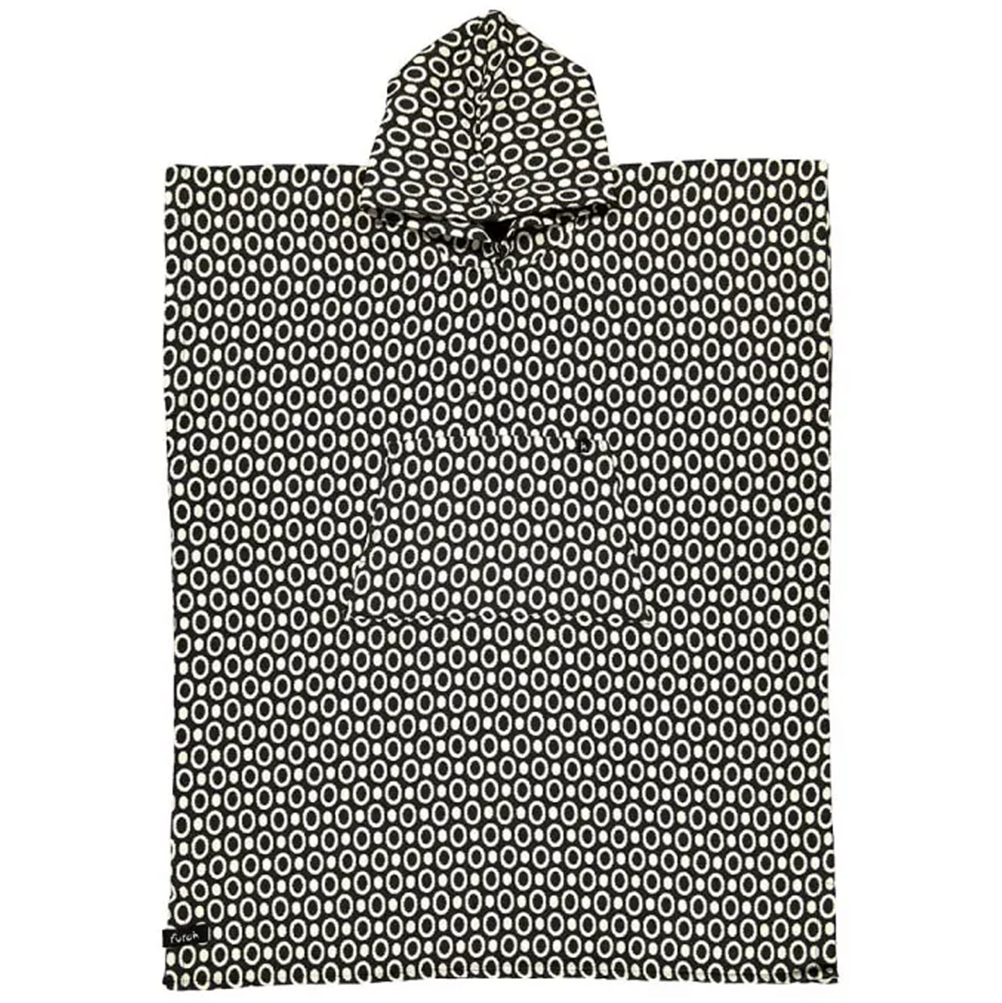 The Pulse Cotton Beach Poncho by Futah is a premium Portuguese surf and beach poncho crafted from cotton, featuring a black and white oval geometric pattern. Its rectangular shape, centered hood, and practical front pocket make it both stylish and functional for seaside adventures.