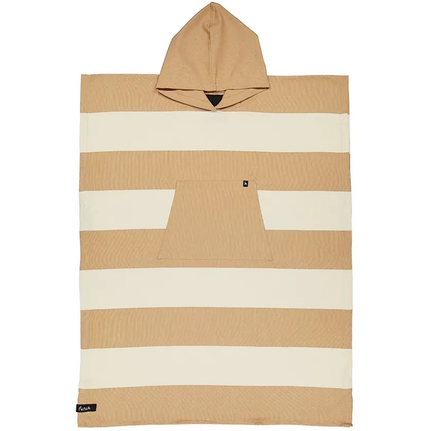 Introducing the Set Cotton Beach Poncho by Futah—a premium Portuguese surf and beach poncho crafted from cotton, designed with wide horizontal beige and cream stripes. It features a roomy front pocket and is finished with a small black Futah logo tag at the bottom corner.