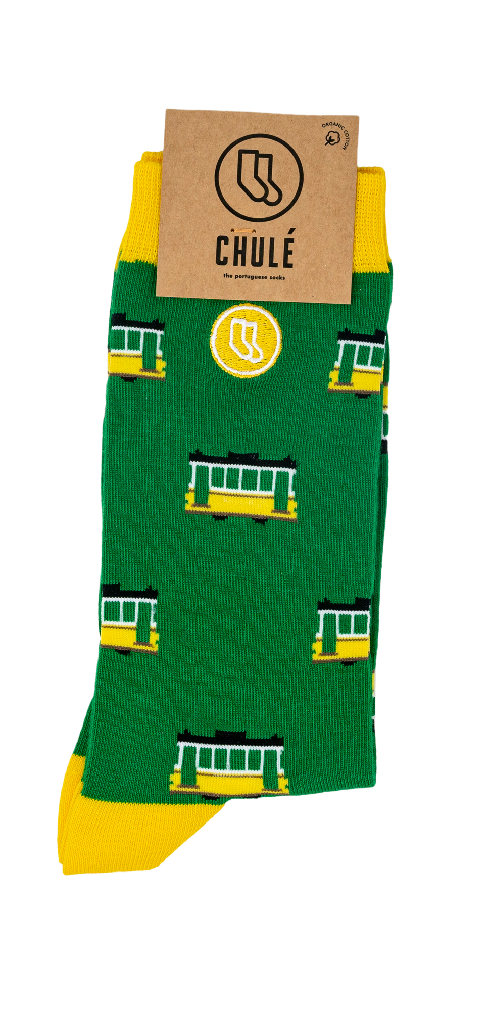 Green socks with yellow accents and a tram pattern, folded with a Chulé label, make the perfect addition to the Iberica – Pretty things from Portugal Lisbon Essentials Box.