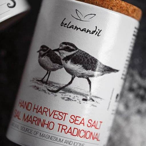 Close up of sea salt canister with cork lid Made in Portugal