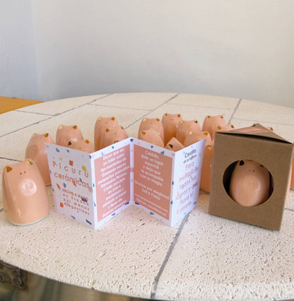 A display of Picuru ceramicas’ Fortune Pig Amulet - Gold Luster 5 Languages shows small pink piggy figurines on white tiles, with folded info cards and a boxed amulet featuring a cutout window in front.