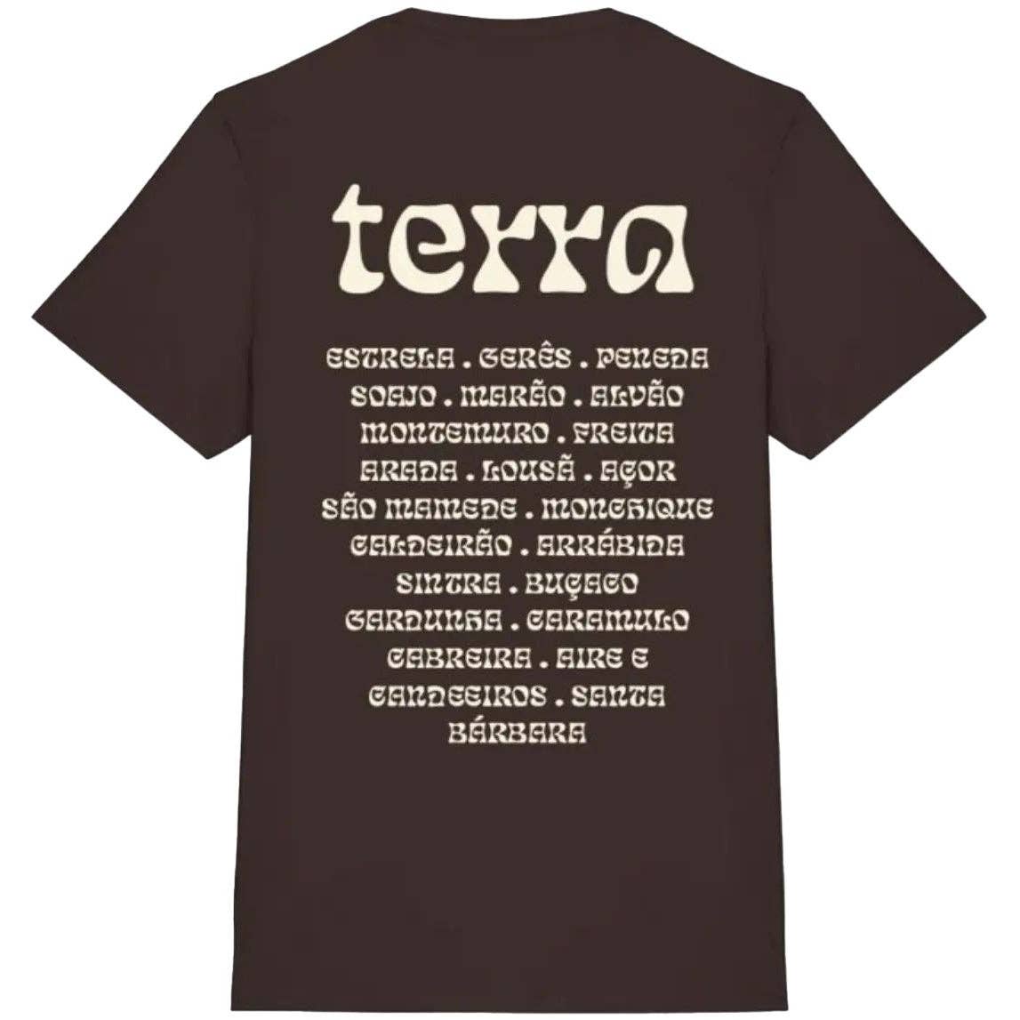The Terra T-Shirt by Futah features "terra" in bold cream text on the back, with a list of Portuguese towns below—ideal for fans of classic Portugal graphic tees.