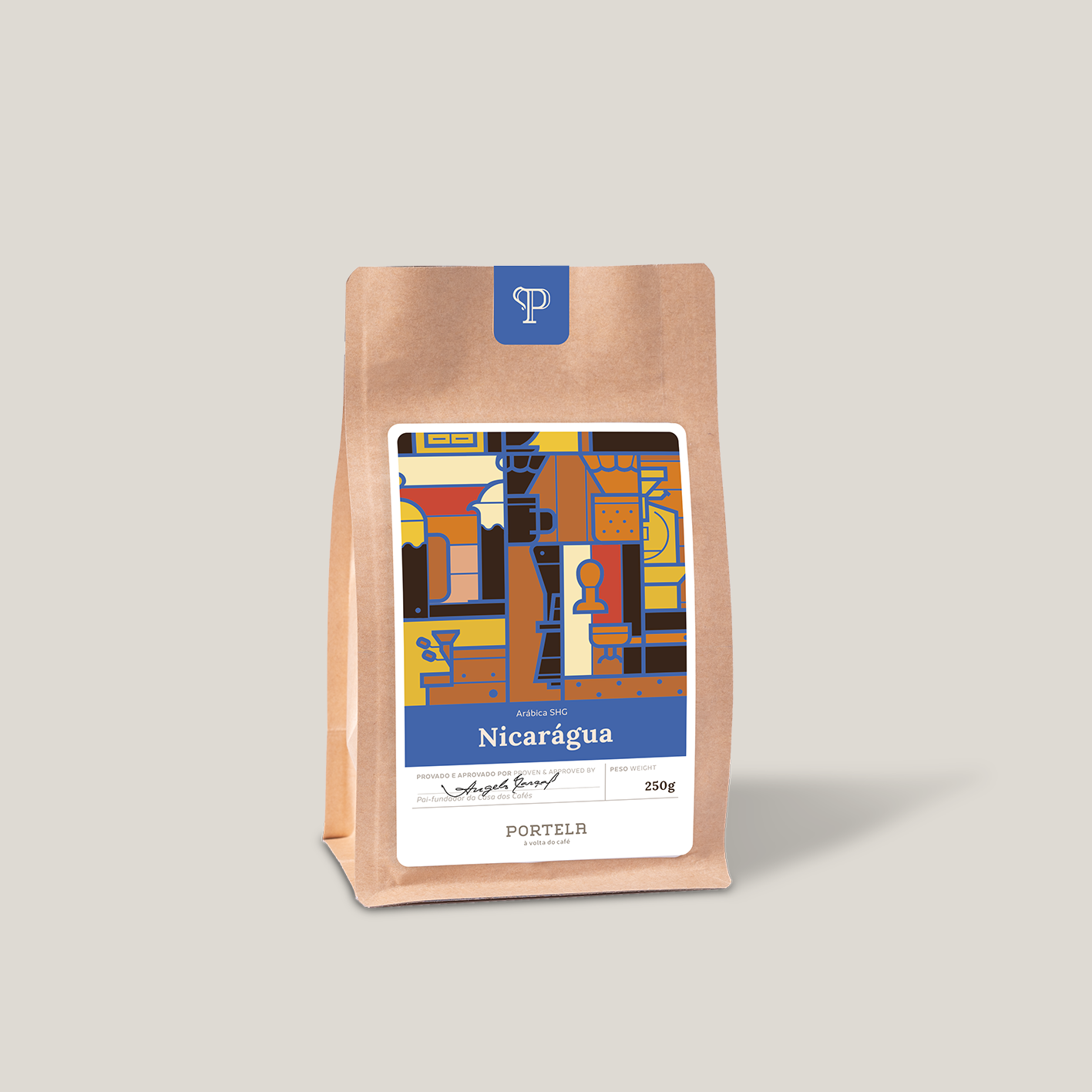 A brown paper bag of Portela Nicaraguan Coffee Bean SHG-250g features a blue-orange geometric label with artistic patterns and branding, set on a plain beige background.