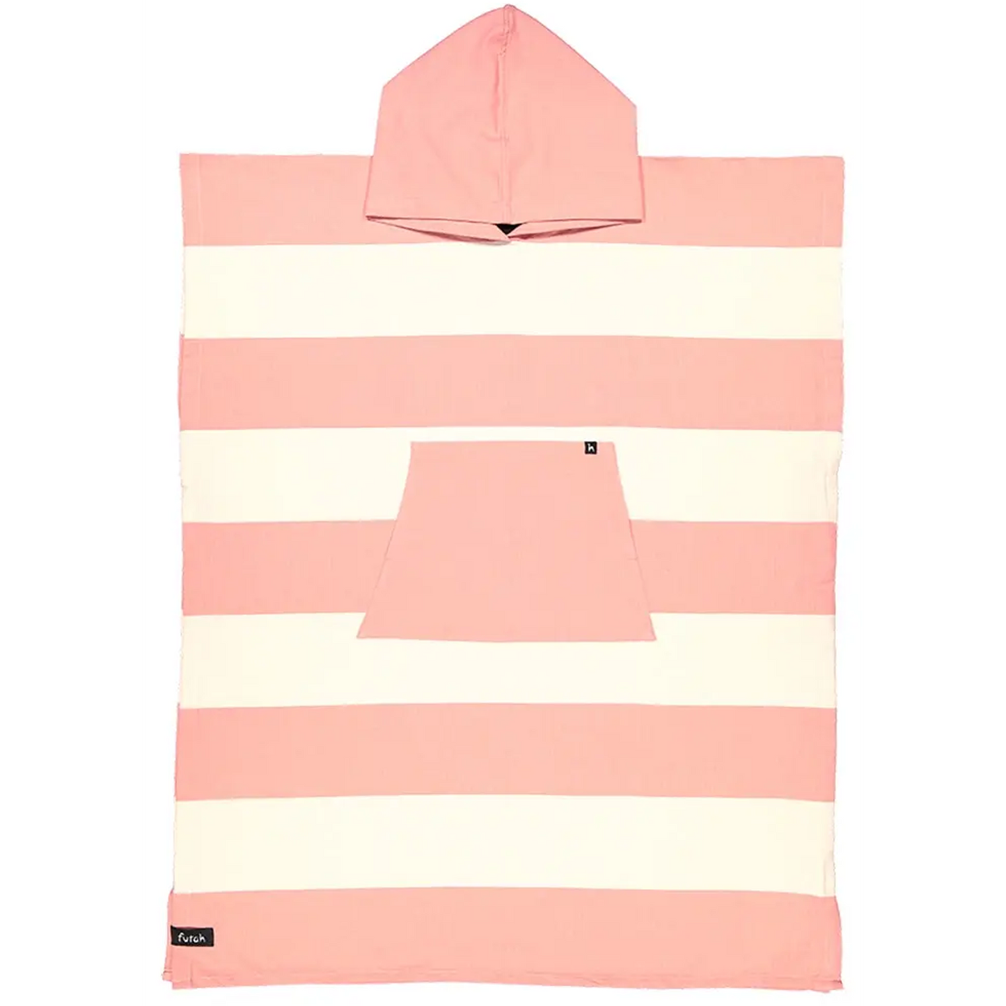 Introducing the Bedu Cotton Beach Poncho by Futah—a premium Portuguese surf and beach poncho crafted from soft cotton, featuring wide horizontal pink and white stripes and a practical front pocket. Shown here laid flat on a white background, this hooded towel poncho offers both comfort and vibrant style, making it an ideal companion for your seaside adventures.
