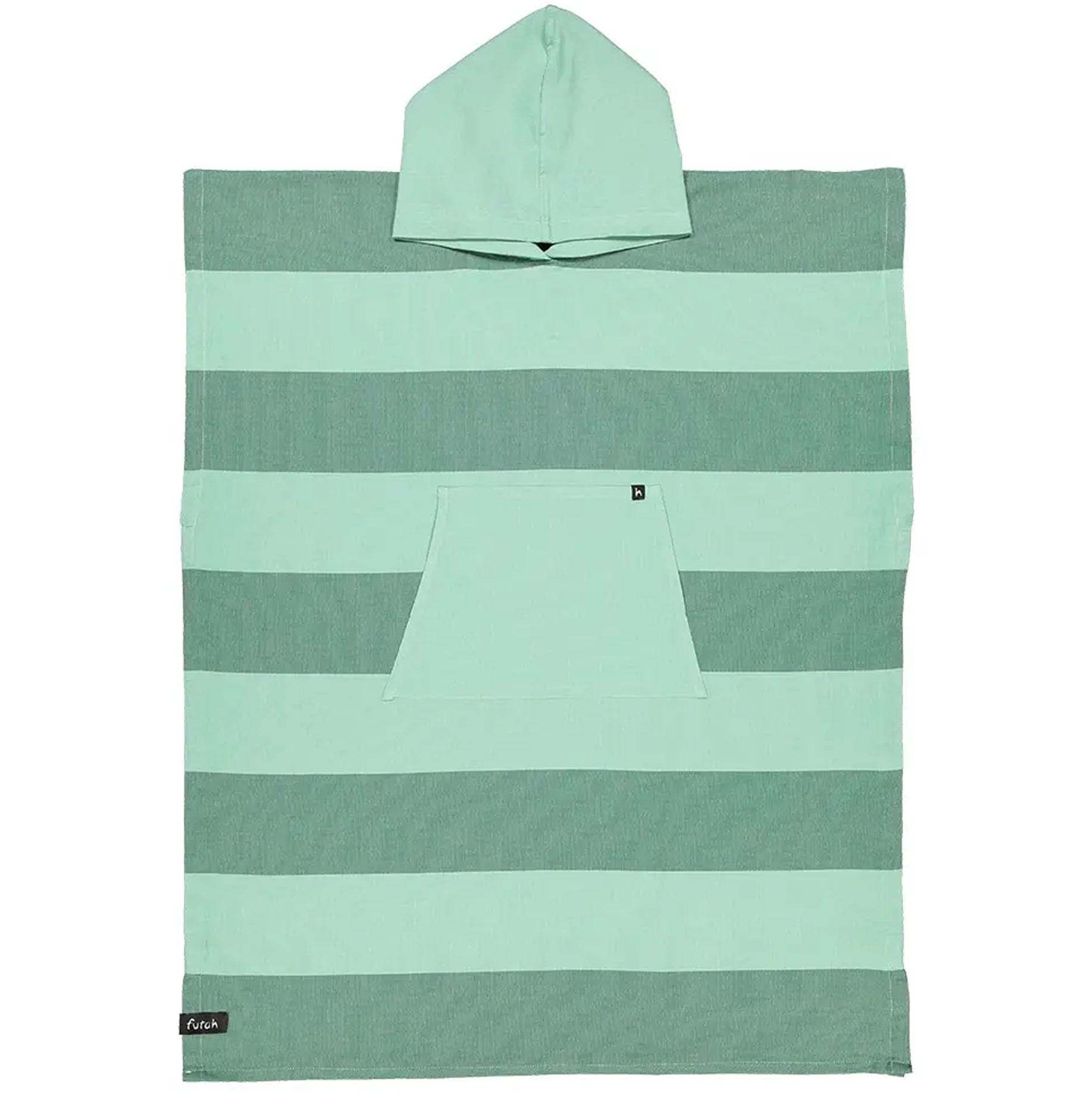 The Bedu Cotton Beach Poncho – Premium Portuguese Surf & Beach Poncho by Futah is shown flat against a white background, featuring mint green and light green stripes with a front pocket. Inspired by classic Portuguese beachwear, this cotton surf poncho blends comfort and style for all your seaside adventures.