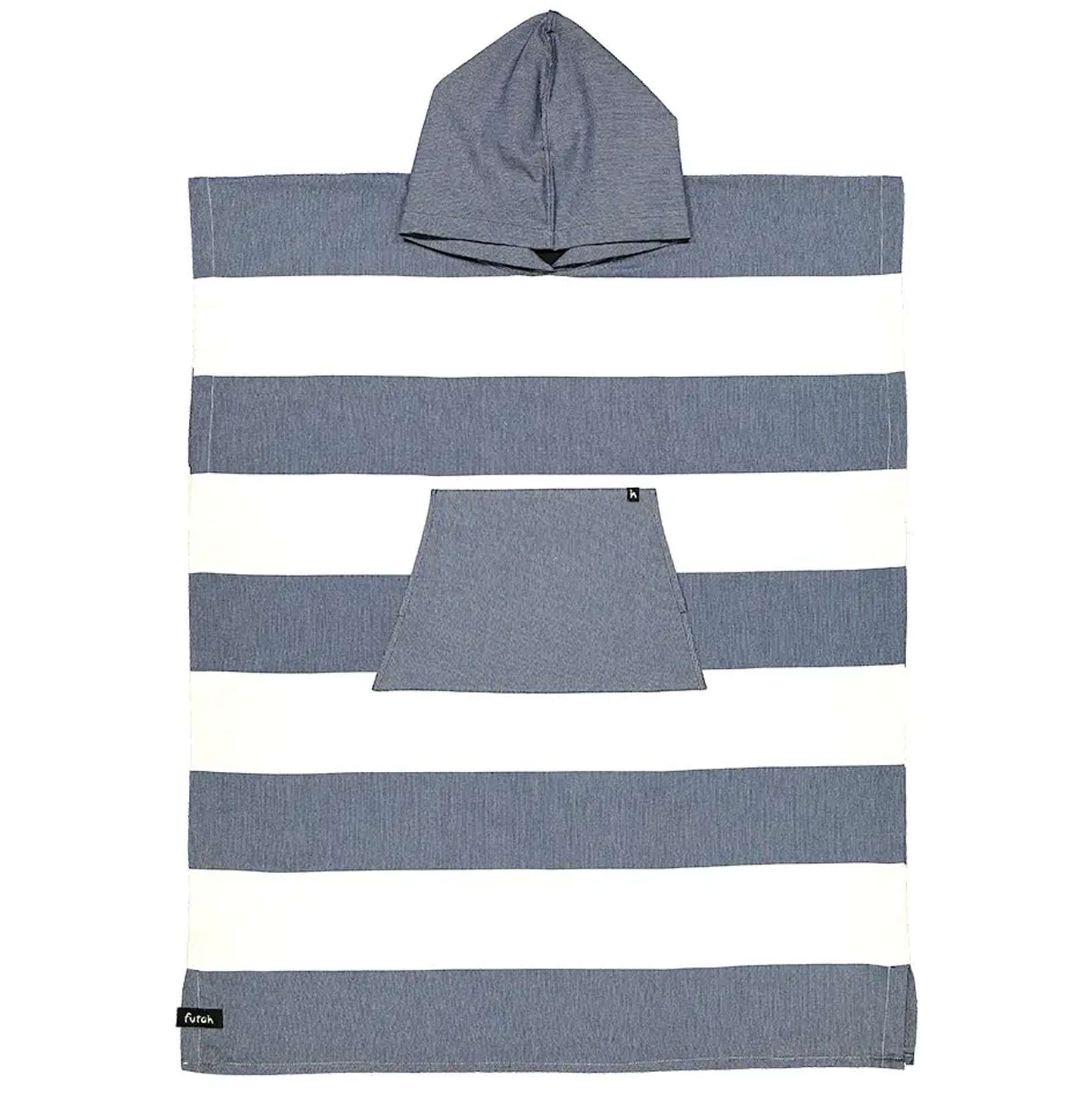 The Futah Bedu Cotton Beach Poncho – Premium Portuguese Surf & Beach Poncho features wide horizontal blue and white stripes, a spacious front pocket, and a hood at the top. Shown laid flat, this poncho towel highlights its soft cotton material and functional design.