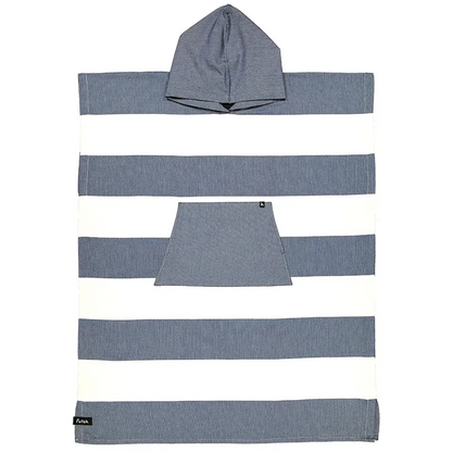 The Futah Bedu Cotton Beach Poncho – Premium Portuguese Surf & Beach Poncho features wide horizontal blue and white stripes, a spacious front pocket, and a hood at the top. Shown laid flat, this poncho towel highlights its soft cotton material and functional design.