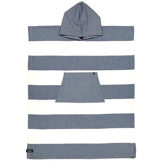 The Futah Bedu Cotton Beach Poncho – Premium Portuguese Surf & Beach Poncho features wide horizontal blue and white stripes, a spacious front pocket, and a hood at the top. Shown laid flat, this poncho towel highlights its soft cotton material and functional design.