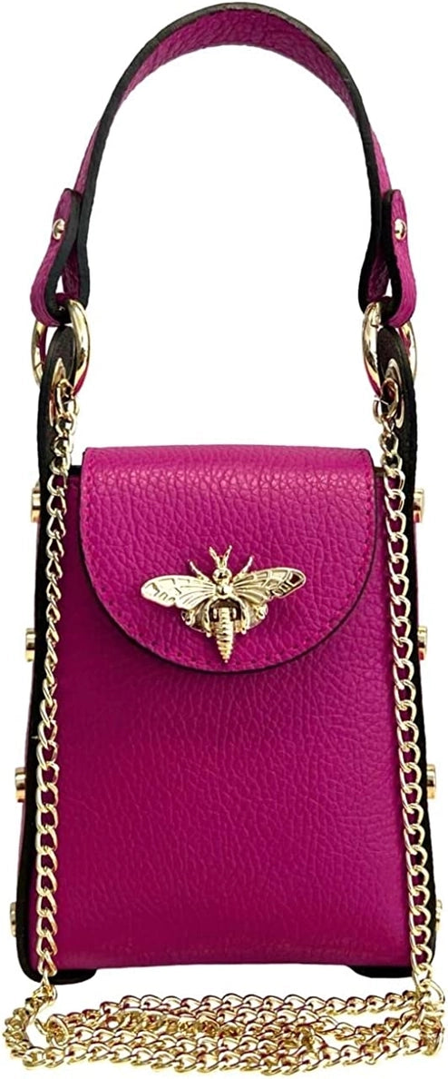 Purple handbag with gold chain and bee emblem on a white background