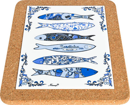 The Sardines Cheese Board by Barcelos Imports is a cork-backed tile featuring five blue and white illustrated sardines with decorative patterns and a blue floral border—ideal for serving cheese with Portuguese flair.
