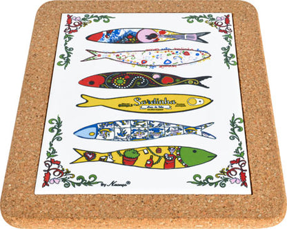 The Sardines Cheese Board by Barcelos Imports features a cork-backed tile with six uniquely styled, colorful sardines and decorative floral borders—an ideal Portuguese accent for serving cheese.