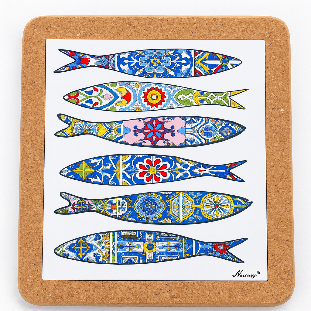 The Sardine Sampler Kit #1 from Iberica - Pretty things from Portugal includes a square cork coaster, illustrated with six vibrant, patterned sardines in Mediterranean tile style, capturing the charm of classic Portuguese canned fish.
