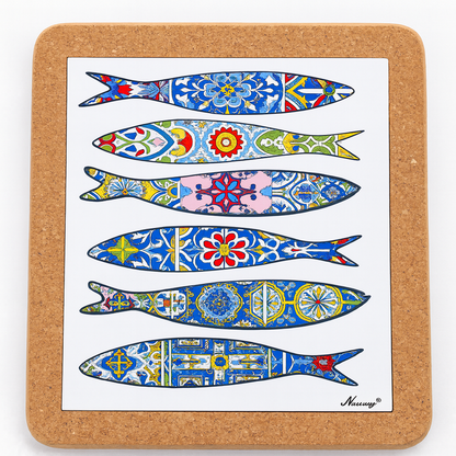 The Sardine Sampler Kit #1 from Iberica - Pretty things from Portugal includes a square cork coaster, illustrated with six vibrant, patterned sardines in Mediterranean tile style, capturing the charm of classic Portuguese canned fish.
