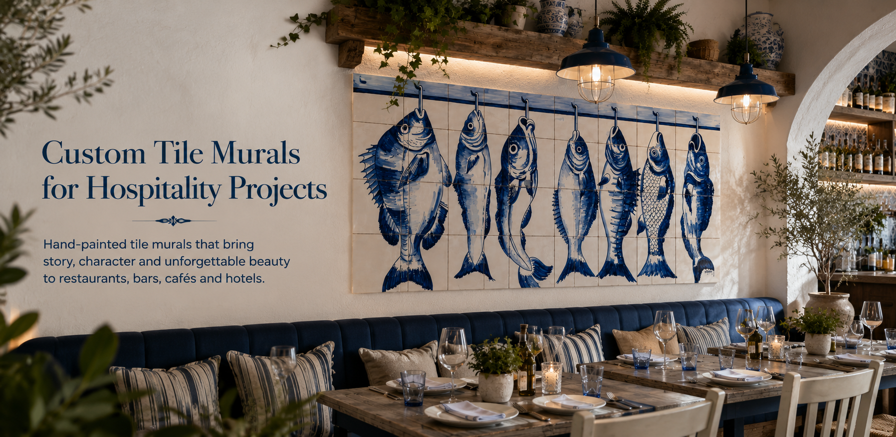 Iberica custom Portuguese ceramic tile mural designed for restaurants, cafés and hospitality venues.