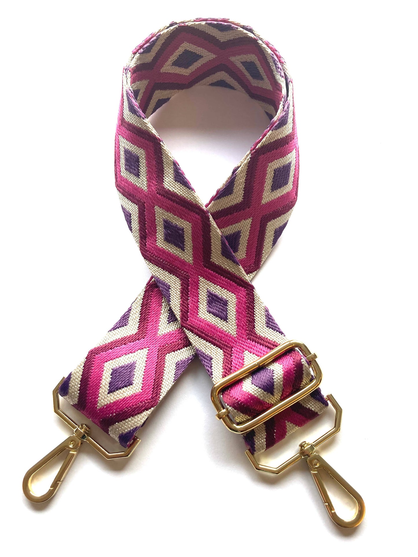 Diamond bag strap in pink, purple and beige, 5 cm wide, front view on white
