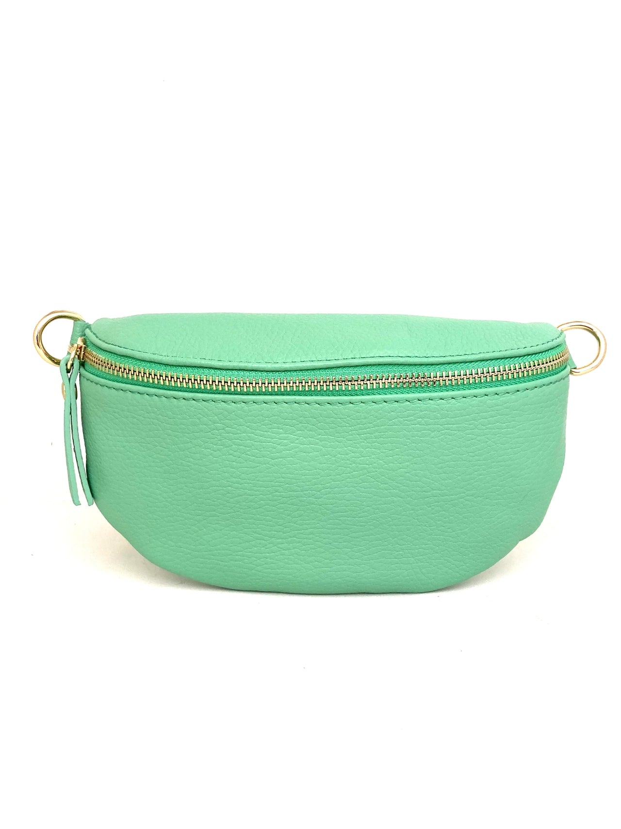 Cassette fanny pack/crossbody in Mint Green Italian leather with gold zip and matching strap, front view on white.