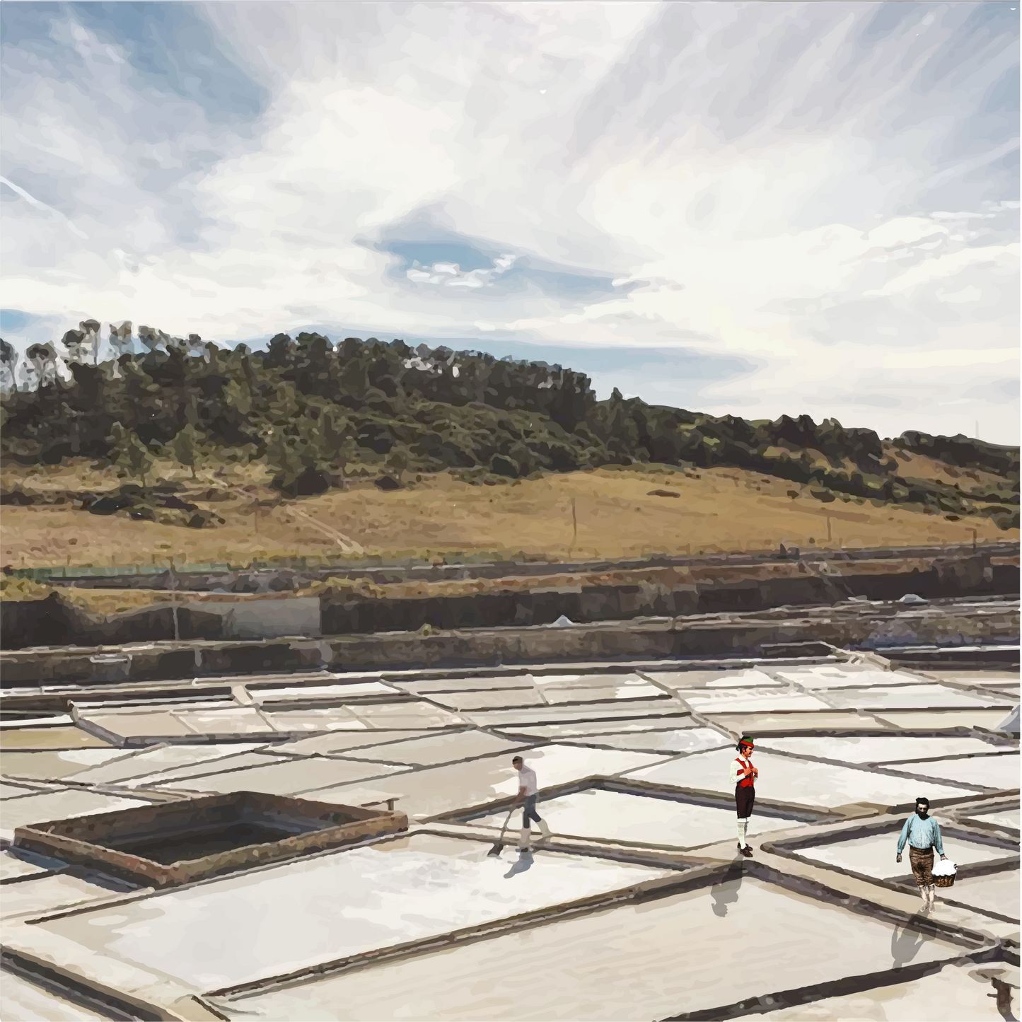Three people cross vast, geometric salt flats beneath a partly cloudy sky, while grassy hills and trees rise behind—nature’s beauty reflecting the refined taste of O Melhor do Ribatejo’s Dark Chocolate with Flor de Sal.