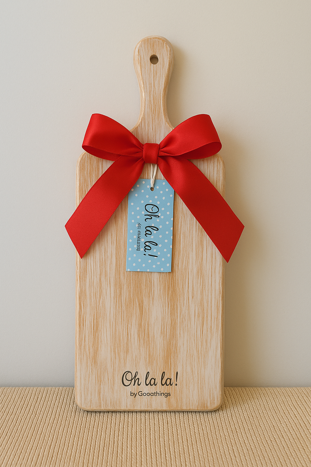 Wooden cutting board with a red ribbon and 'Oh la la!' tag on a beige background