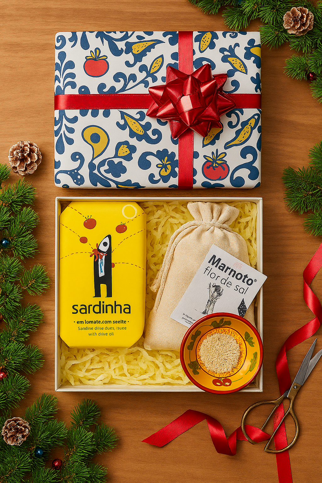 A festive gift box from Iberica - Pretty things from Portugal holds the Iberian sampler kit - Provenzal: a tin of sardines, cloth pouch, Marvoto salt, and a Provenzal grater plate, arranged with pine branches and ribbon on a wooden table.