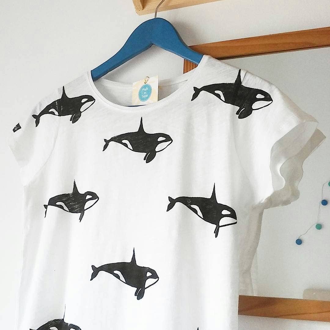 Front view of a hand-printed Orca T-shirt made from 100% cotton, inspired by the marine wildlife of the Strait of Gibraltar.