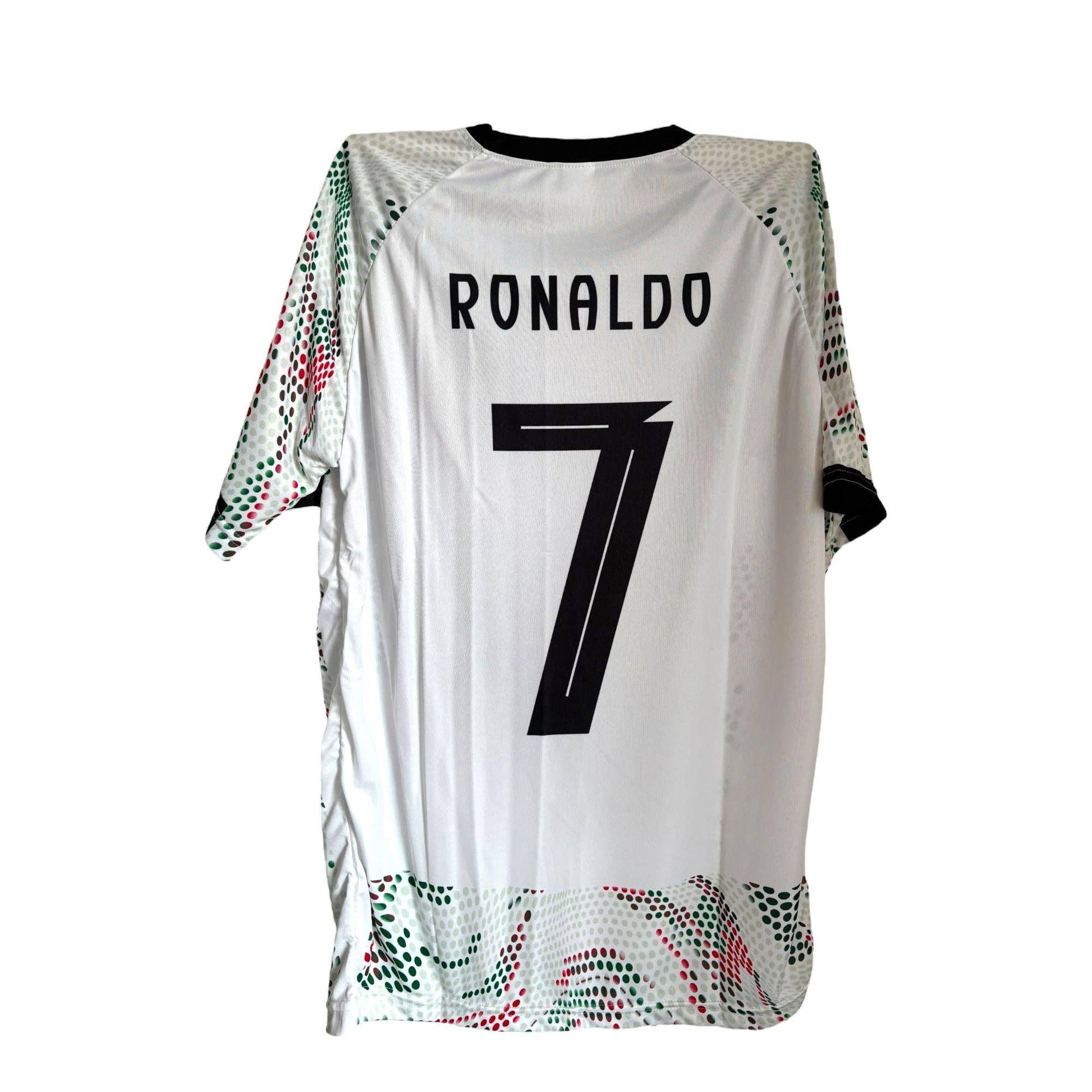 The Vintage Dreamz Portugal Soccer Jersey—Youth, Adults, Unisex—features RONALDO (CR7) and number 7 in black, with green and red dotted patterns on the sleeves and lower part; a perfect replica for fans.