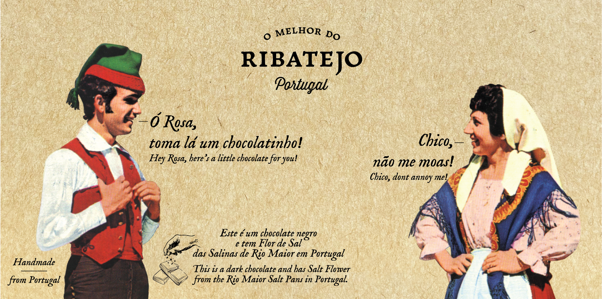 A man and woman in traditional Portuguese dress smile at each other against a beige background featuring English and Portuguese text that highlights O Melhor do Ribatejo’s Dark Chocolate with Flor de Sal, a tribute to Portugal’s culinary mastery.