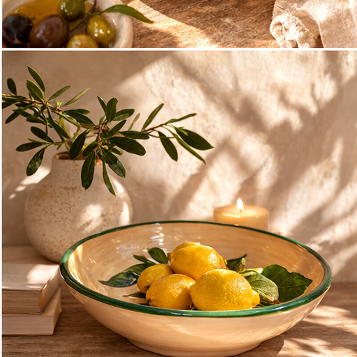 Bowl of lemons with a candle and vase in the background