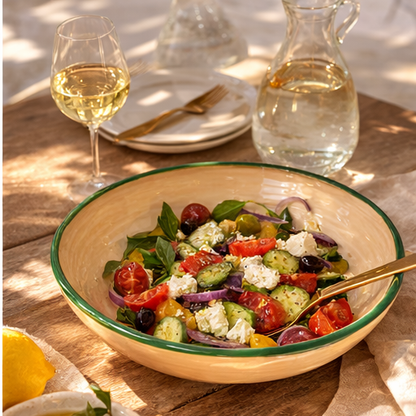 Bowl of salad with a glass of white wine on a wooden table