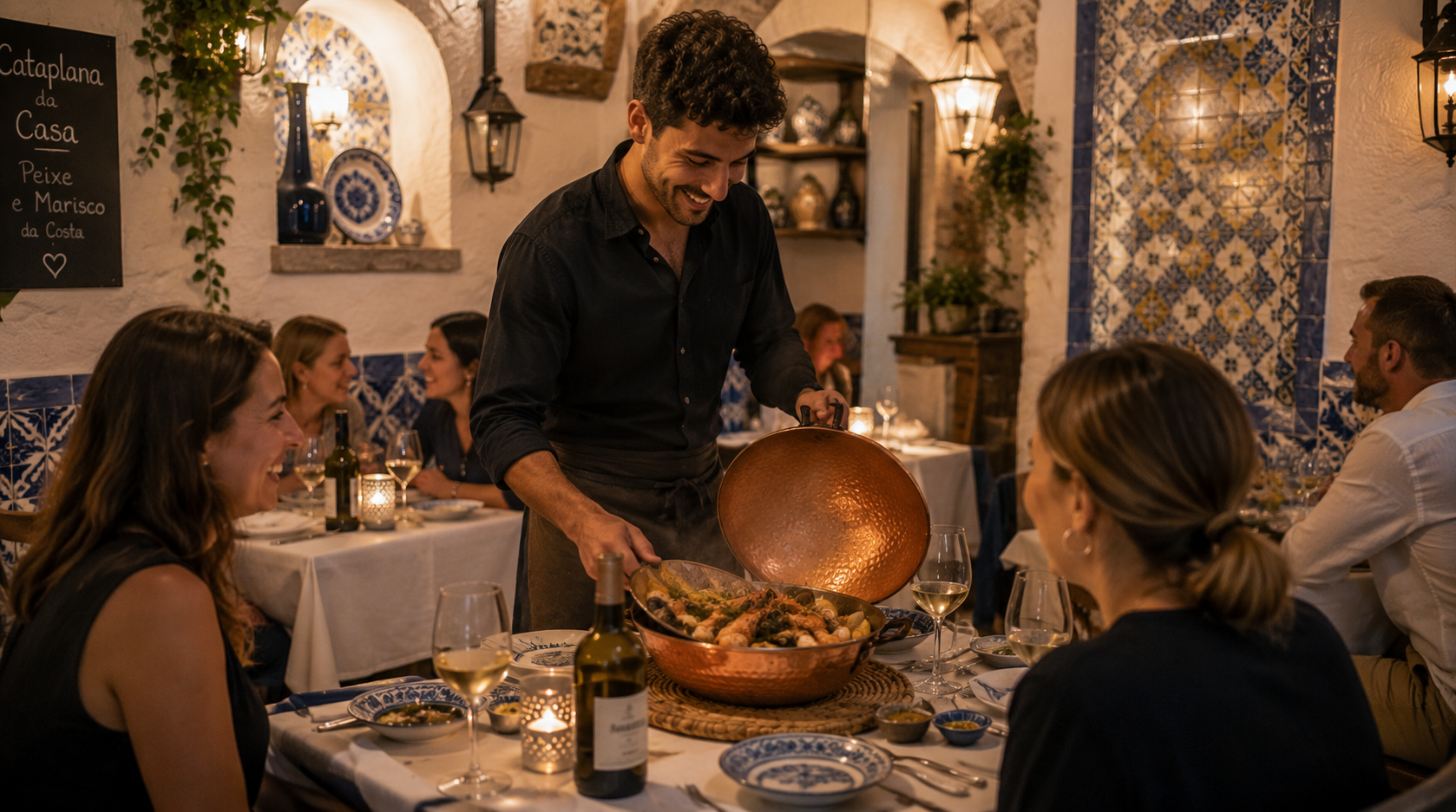 An authentic Portuguese cataplana served tableside in an intimate Iberian-inspired restaurant, surrounded by handcrafted ceramic tiles and Mediterranean charm.