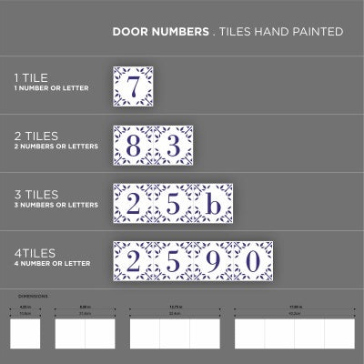 TilePassion’s Personalized Portuguese Tile House Number features handpainted blue-on-white tiles inspired by Portuguese design. Customize 1 to 4 tiles, each fitting up to 4 numbers or letters. Sizes are shown below.