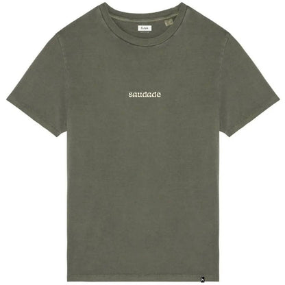 The Saudade T-Shirt by Futah features a plain olive green design with "saudade" in small white lowercase letters across the chest, a classic crew neck, and is made in Portugal for timeless minimalist style.