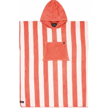 The Futah Bedu Terry Poncho, crafted from soft Portuguese cotton, is an adult beach poncho designed for quick-drying comfort and style. Featuring wide vertical red and white stripes and a convenient front pocket, this surf poncho is shown laid flat on a white background.