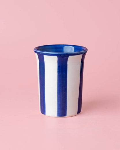 Blue and white striped ceramic mug handmade and hand-painted in Spain