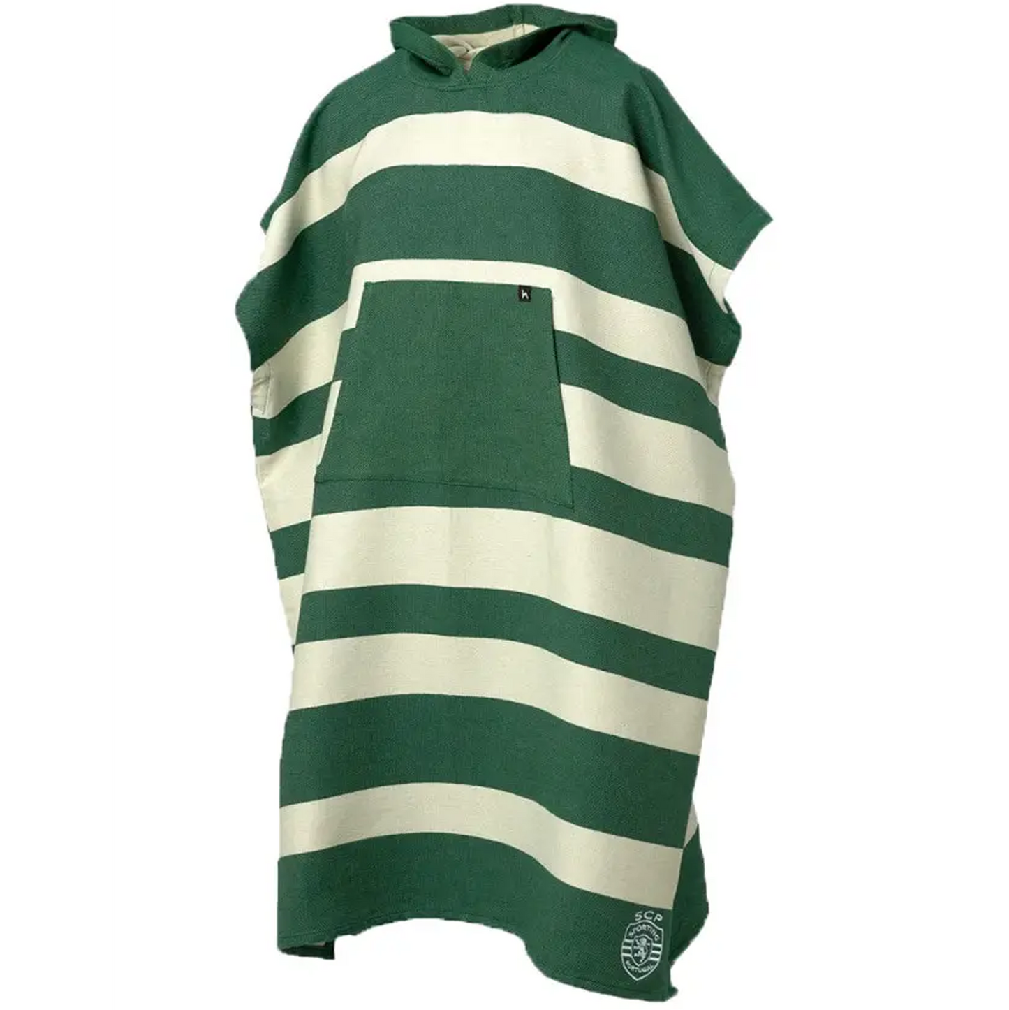 The Sporting Clube De Portugal Poncho by Futah is a green and white striped, hooded cotton surf poncho featuring short sleeves and a front pocket, officially licensed as club merchandise and shown against a white background.