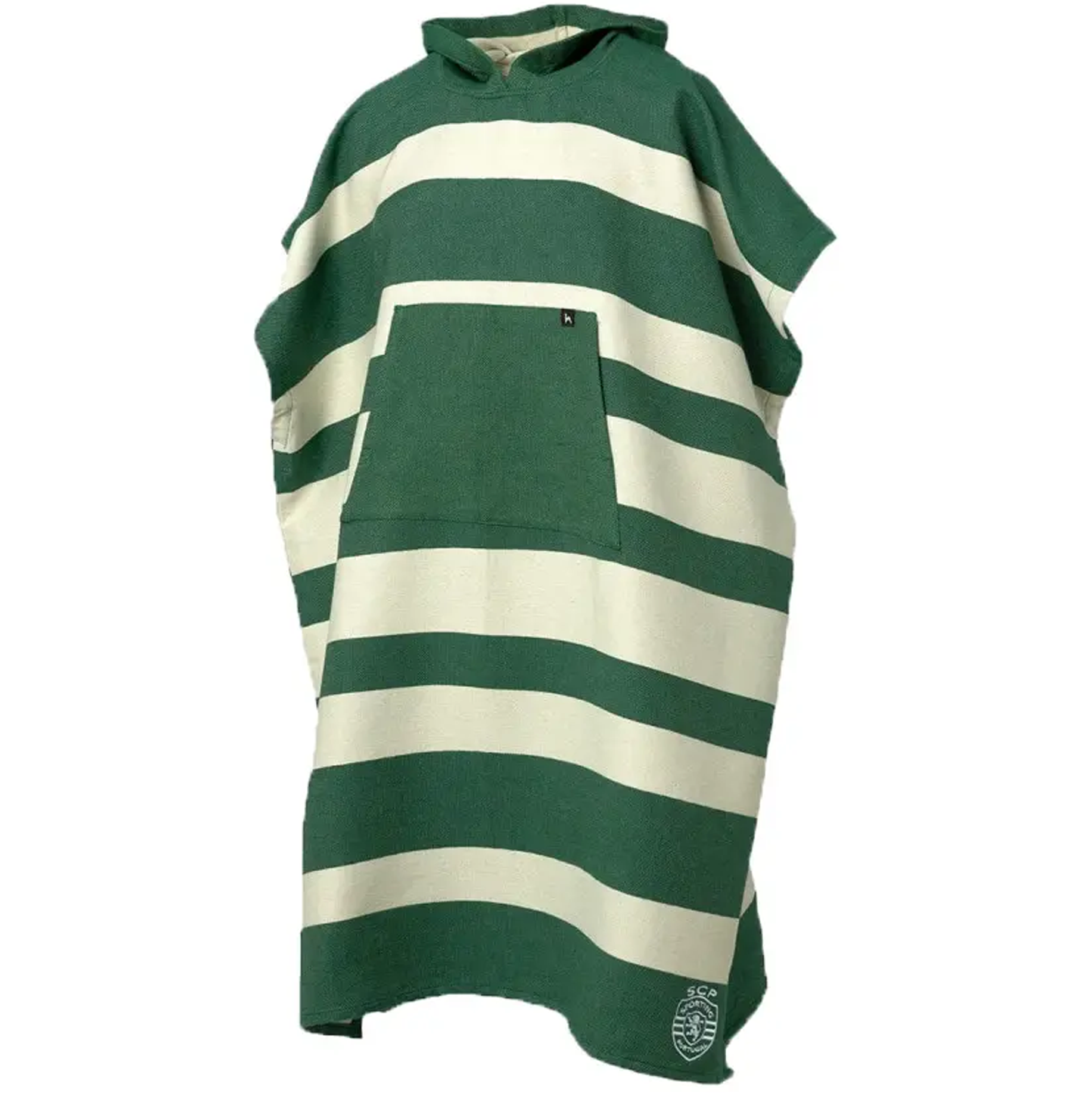 The Sporting Clube De Portugal Poncho by Futah is a green and white striped, hooded cotton surf poncho featuring short sleeves and a front pocket, officially licensed as club merchandise and shown against a white background.