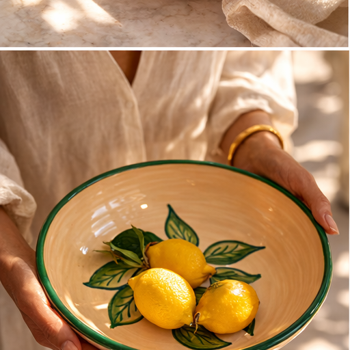 Person holding a ceramic bowl with lemon design