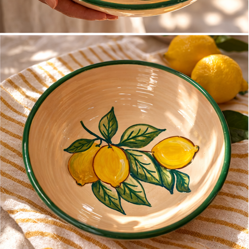 Ceramic bowl with lemon design on a striped surface