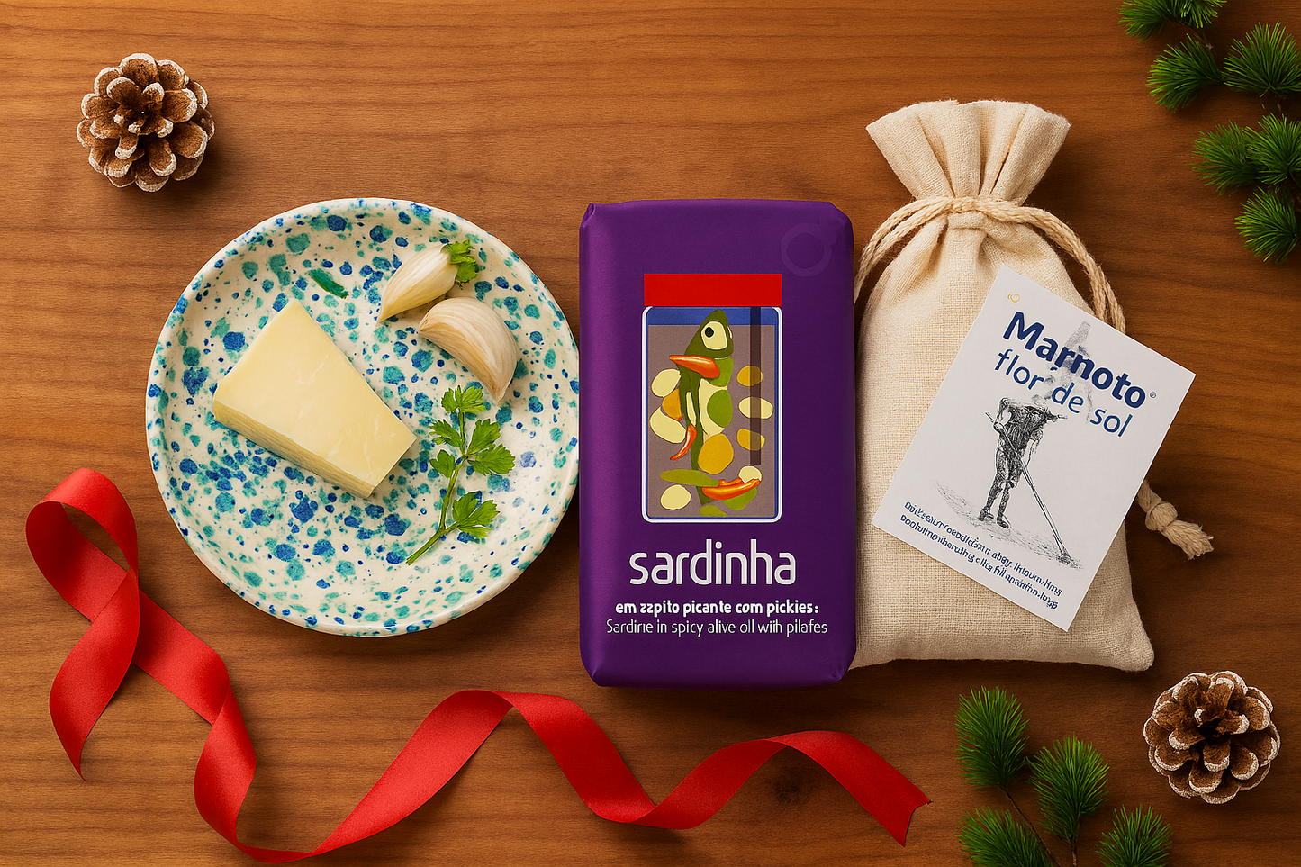 The Iberica "Iberian sampler kit - Coral" features cheese, garlic, herbs, spicy Portuguese sardines with pickles, flor de sal, pinecones, and a red ribbon—all arranged on wood. Pretty things from Portugal.