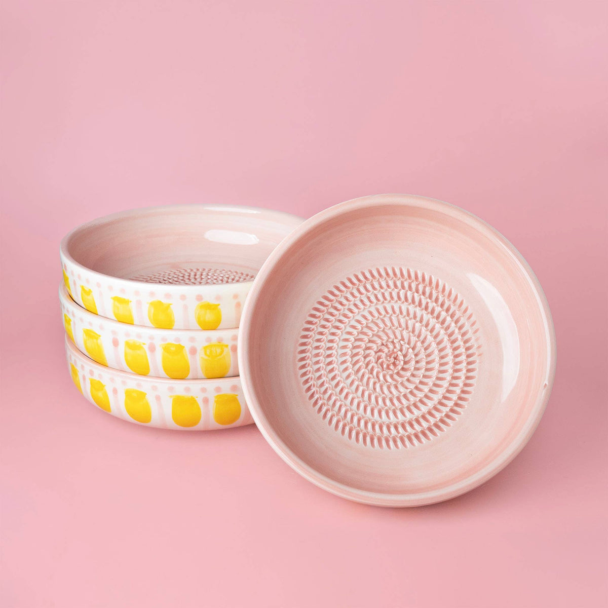Large Valentina ceramic garlic grater plate in pink and yellow