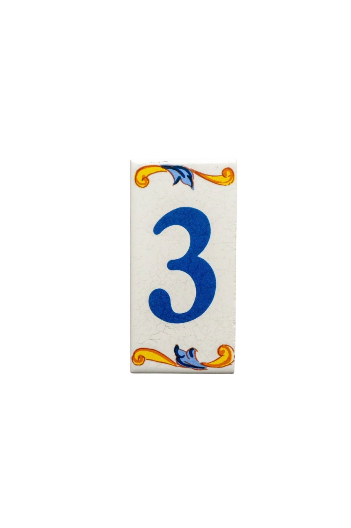 Lisa Croquets Numbers – Ceramic House Number Tile featuring the blue number 3 centered between yellow and blue decorative flourishes, handcrafted in Spain.