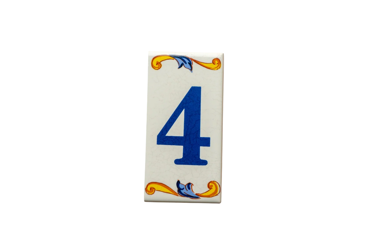 Lisa Croquets Numbers – Ceramic House Number Tile featuring the blue number four and decorative gold and blue scrollwork, handcrafted in Spain.