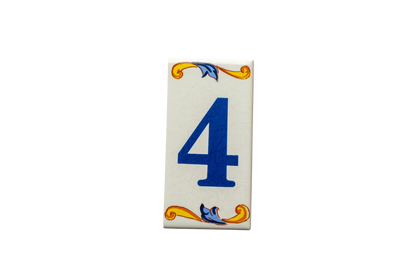Lisa Croquets Numbers – Ceramic House Number Tile featuring the blue number four and decorative gold and blue scrollwork, handcrafted in Spain.