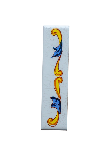 Vertical Lisa Croquets Numbers ceramic house number tile featuring a yellow and blue decorative scroll pattern, handcrafted in Spain.
