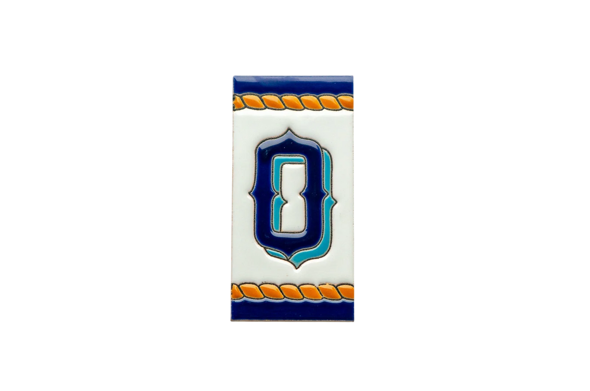 Rectangular Marine Ceramic House Number & Letter Tile featuring the number zero in blue and teal with orange rope-style borders.