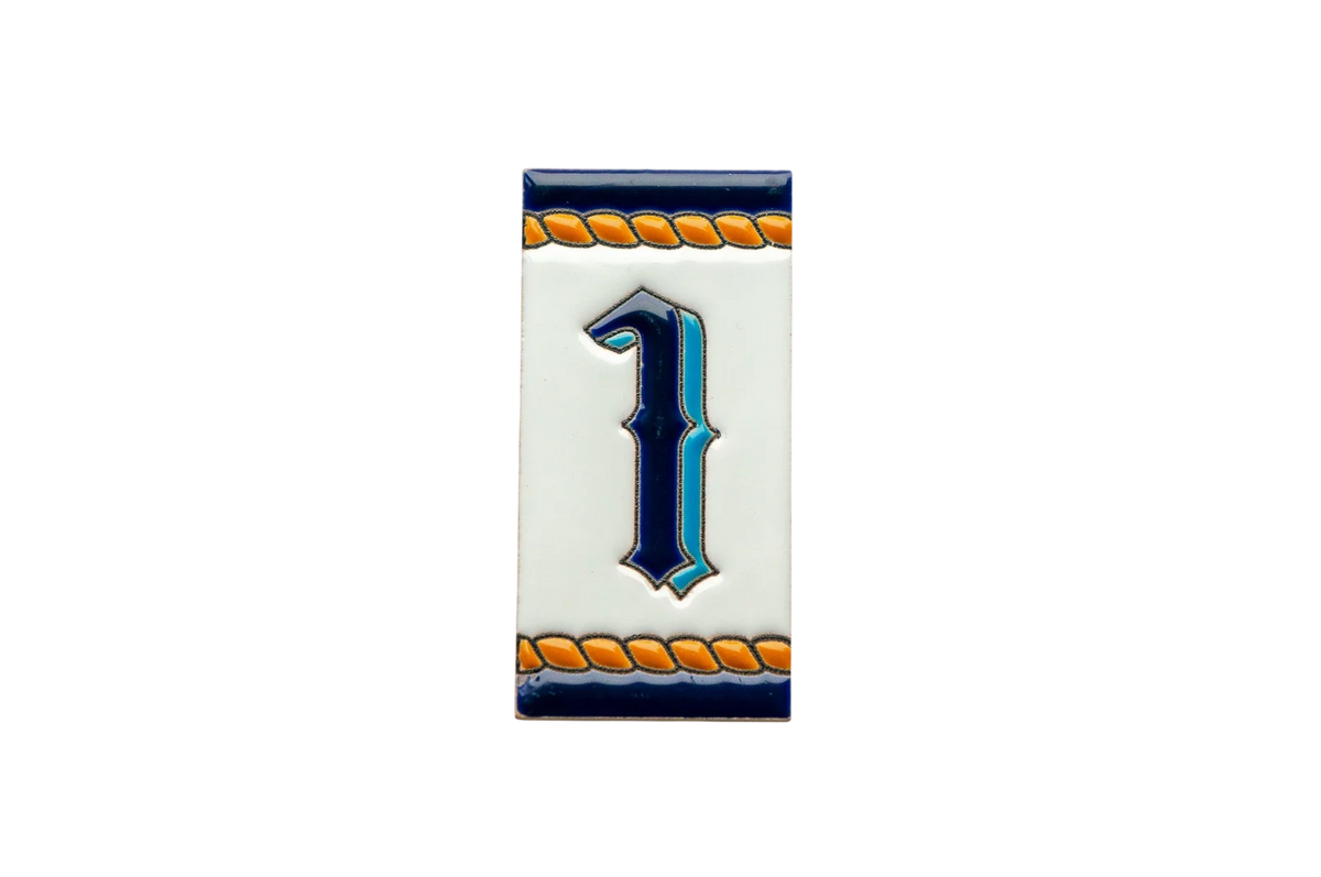 Marine Ceramic House Number & Letter Tile featuring the number one in dark blue and light blue with orange rope-style borders at the top and bottom of the rectangular Mediterranean house number tile.