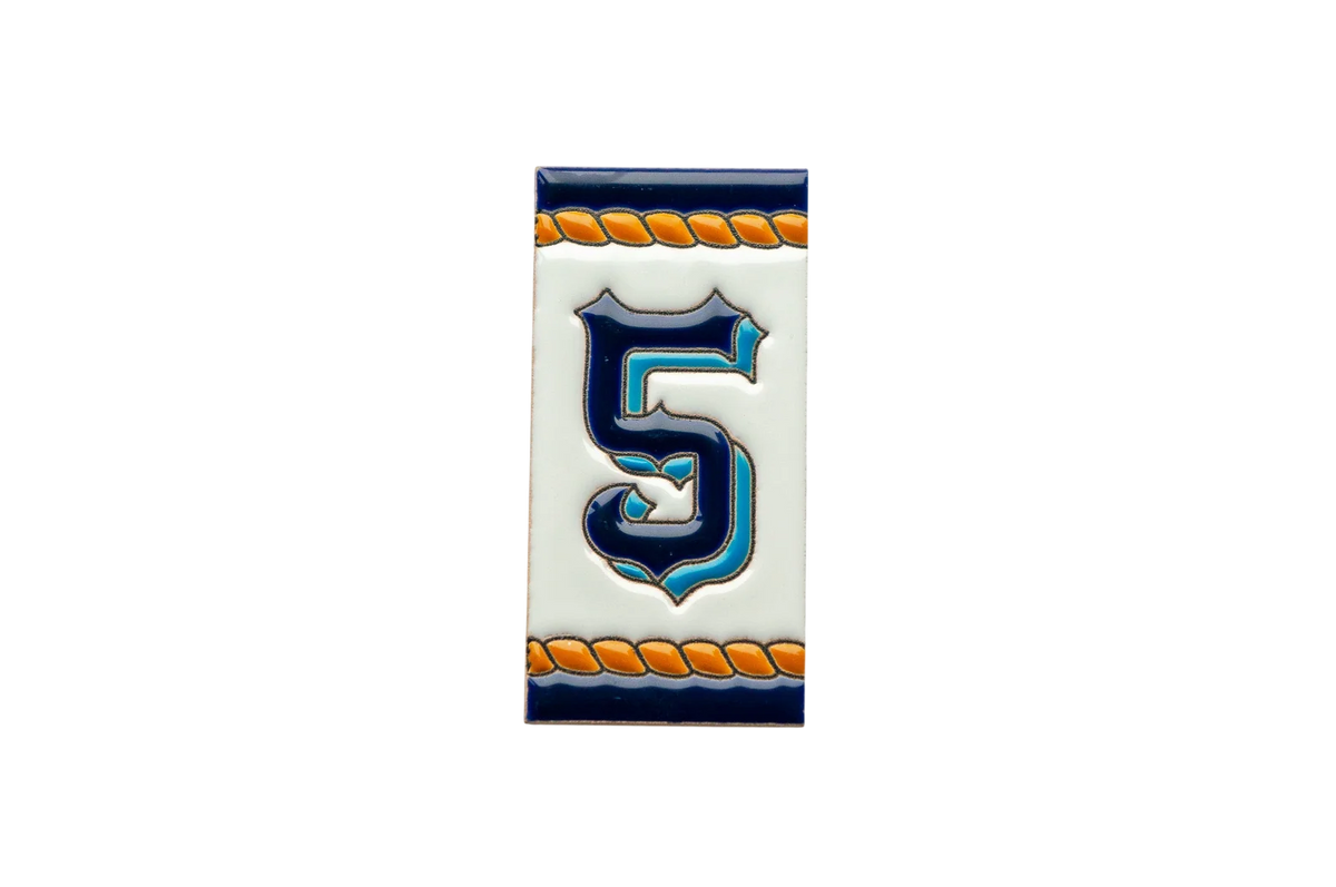 LVR Ceramics Marine Ceramic House Number & Letter Tile featuring the number five in blue, framed by orange rope-style borders and dark blue edges in a nautical style.