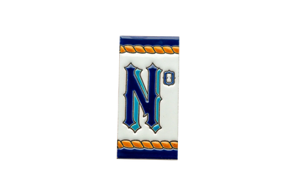 LVR Ceramics Marine Ceramic House Number & Letter Tile featuring the letter N and a small degree symbol, decorated with blue and orange rope-style borders.