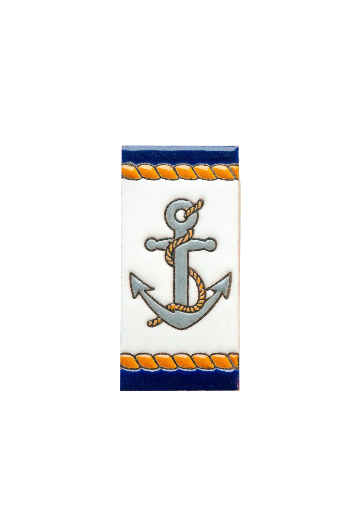 LVR Ceramics Marine Ceramic House Number & Letter Tile featuring a rectangular tile with a gray anchor wrapped in rope, bordered by horizontal bands of blue and orange rope patterns.