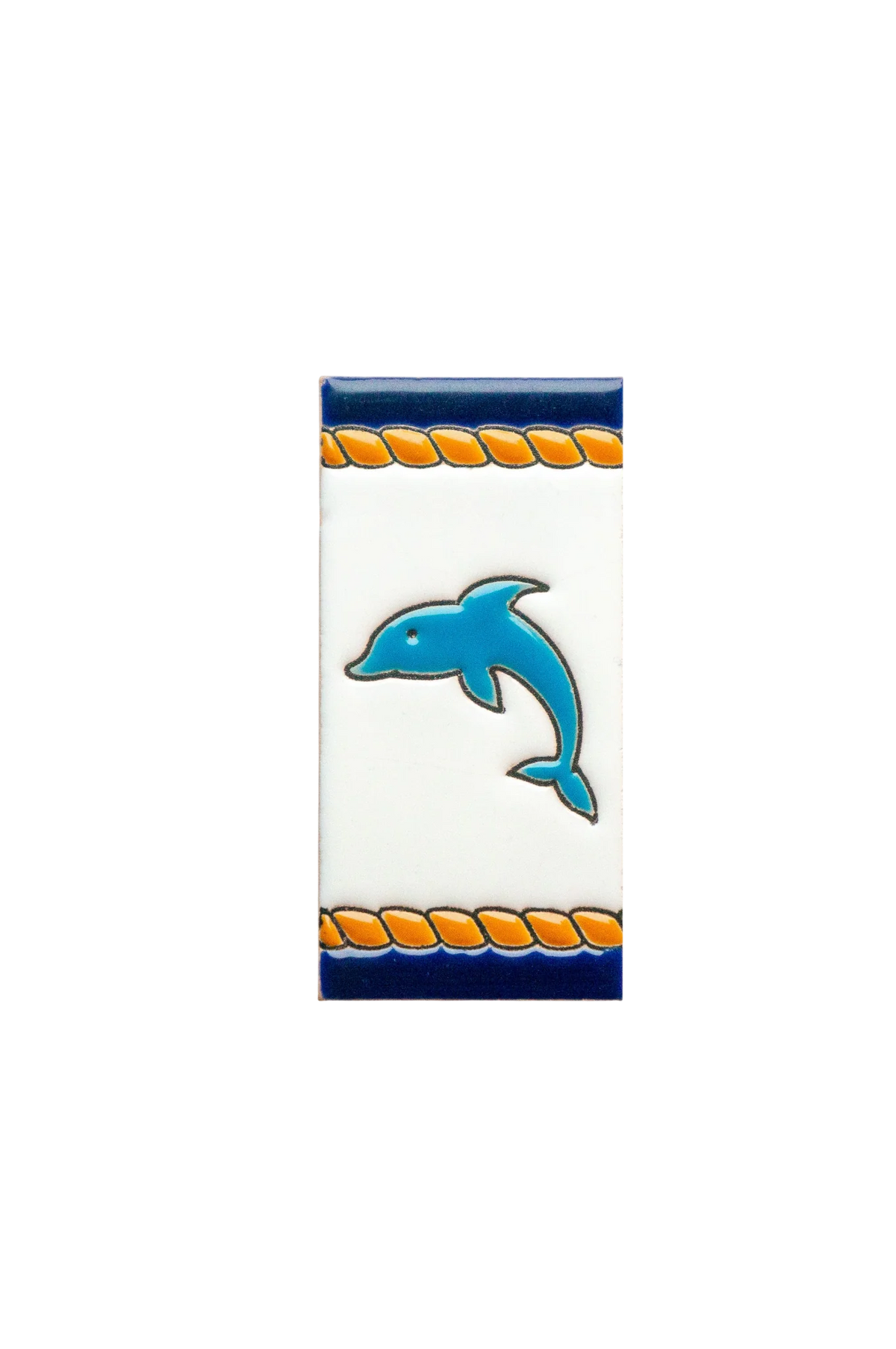 LVR Ceramics Marine Ceramic House Number & Letter Tile: a rectangular ceramic tile with a central blue dolphin illustration, orange rope-pattern borders, and a white background in a Mediterranean style.